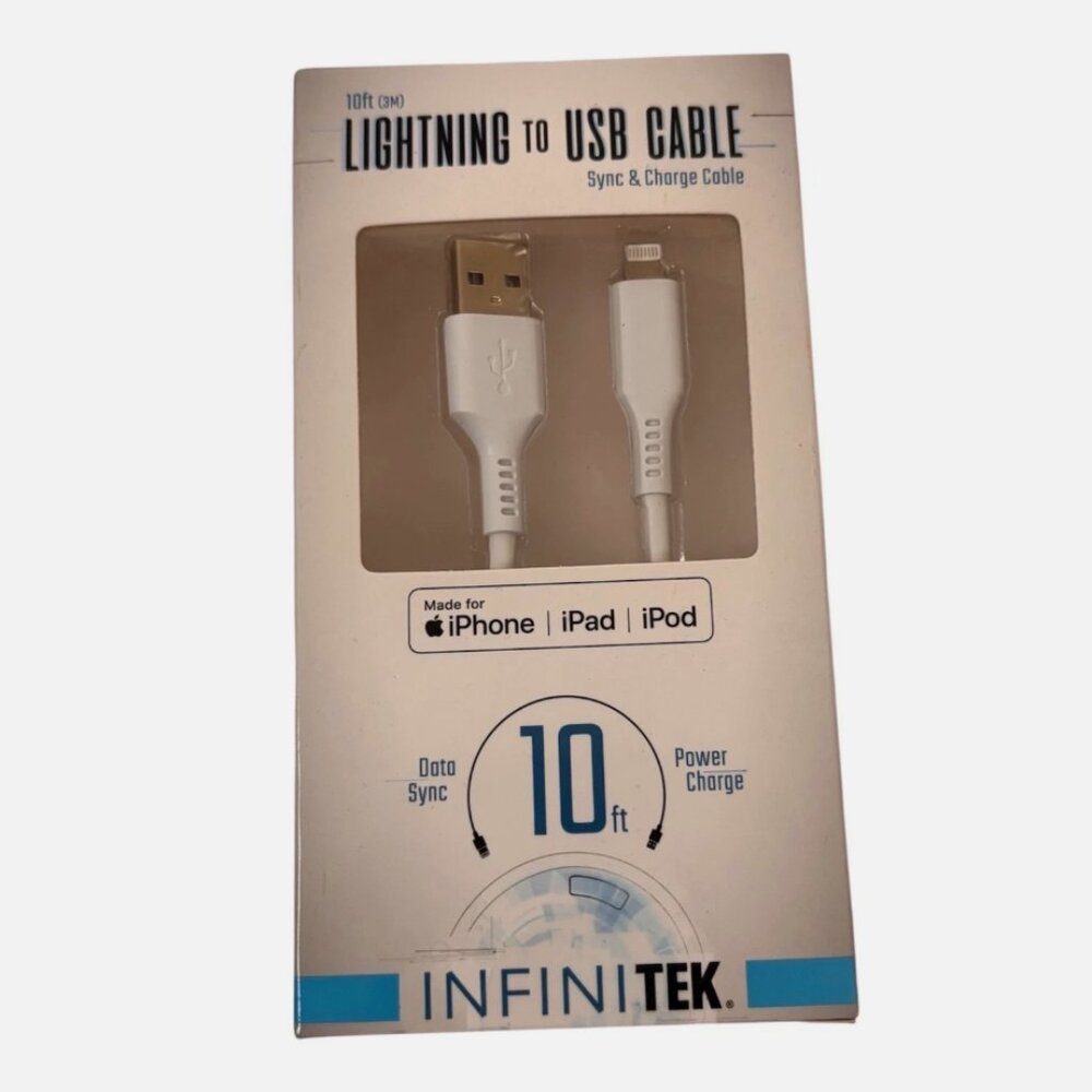 InfiniTek Lighting to USB Sync & Charge Cable iPhone White 10 feet